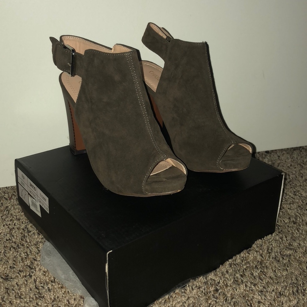 Wood heel open toe boot